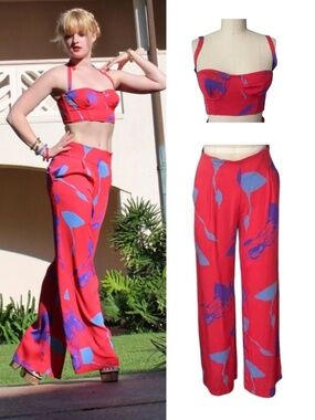 Tucker Silk Red Purple Blue Floral Silk Bustier Crop Top and Wide leg Pant Set